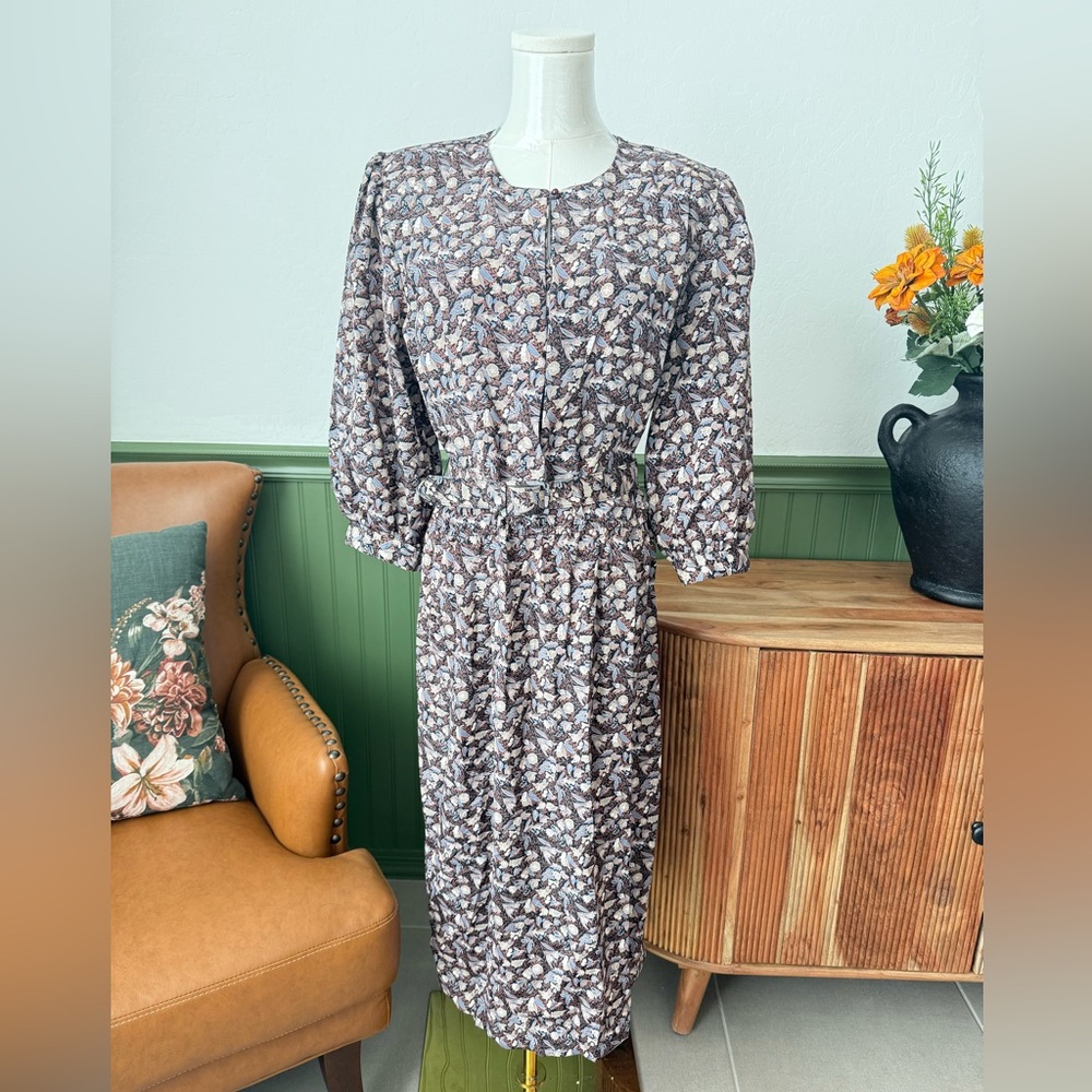 Vintage Pellini By Von Bramlett Brown belted Floral dress EUC size US 11/12